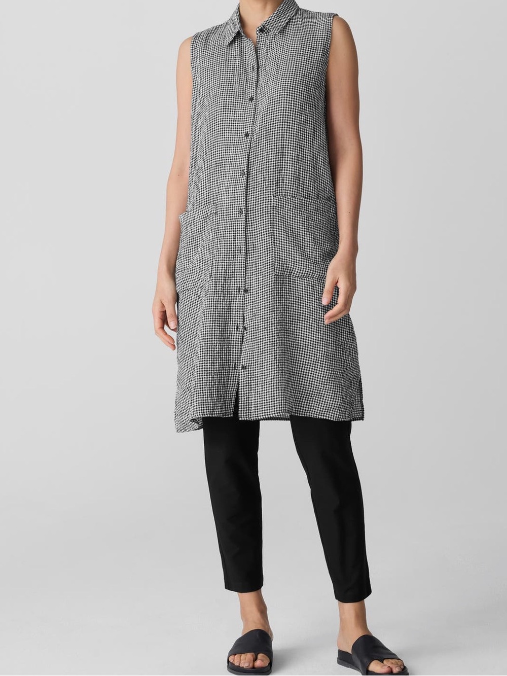 Eileen Fisher NWT Gingham Linen Sleeveless Pockets Shift Tunic/Dress